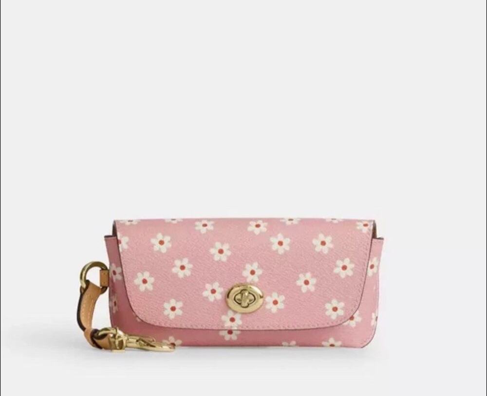 Coach Sunglass Case with Printed Leather Floral Print Gold/Pink Multi CFA48